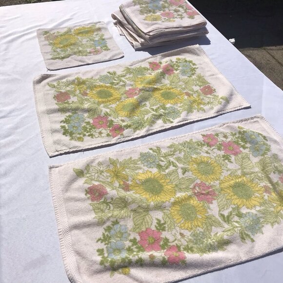 Vtg Cannon Royal Family  Sunflower 70s Floral Bath hand Wash Towel Set MCM Boho - Picture 13 of 16